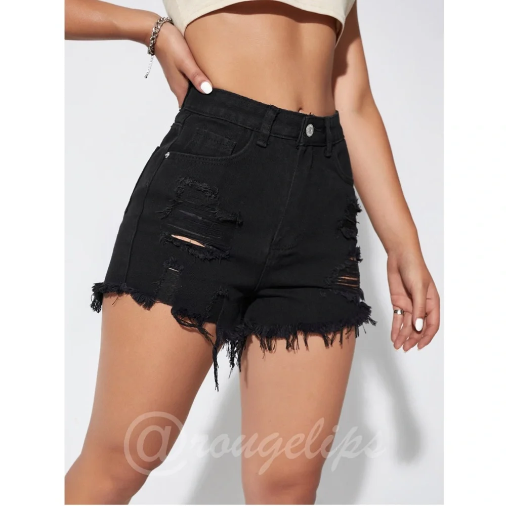 Black Denim Shorts Distressed Ripped High Waist Raw Hem - Picture 4 of 8